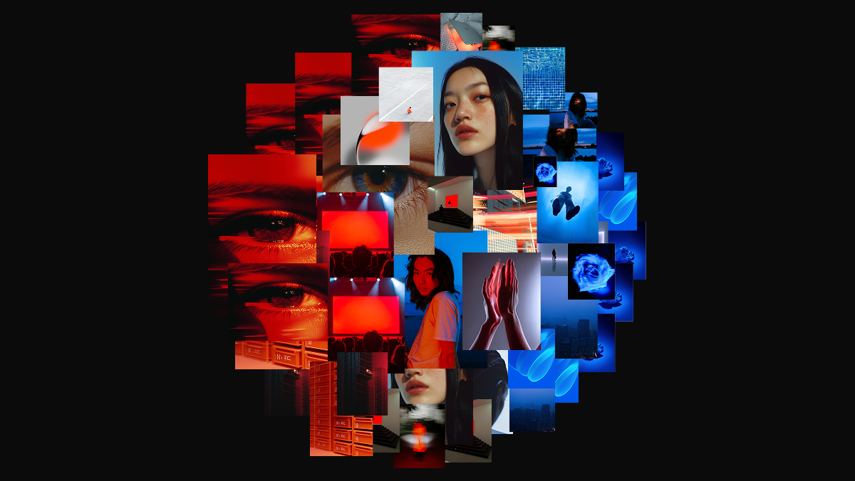 Circular photo collage transitioning from red images of eyes and glitch effects on the left, to blue images of water and abstract forms on the right.