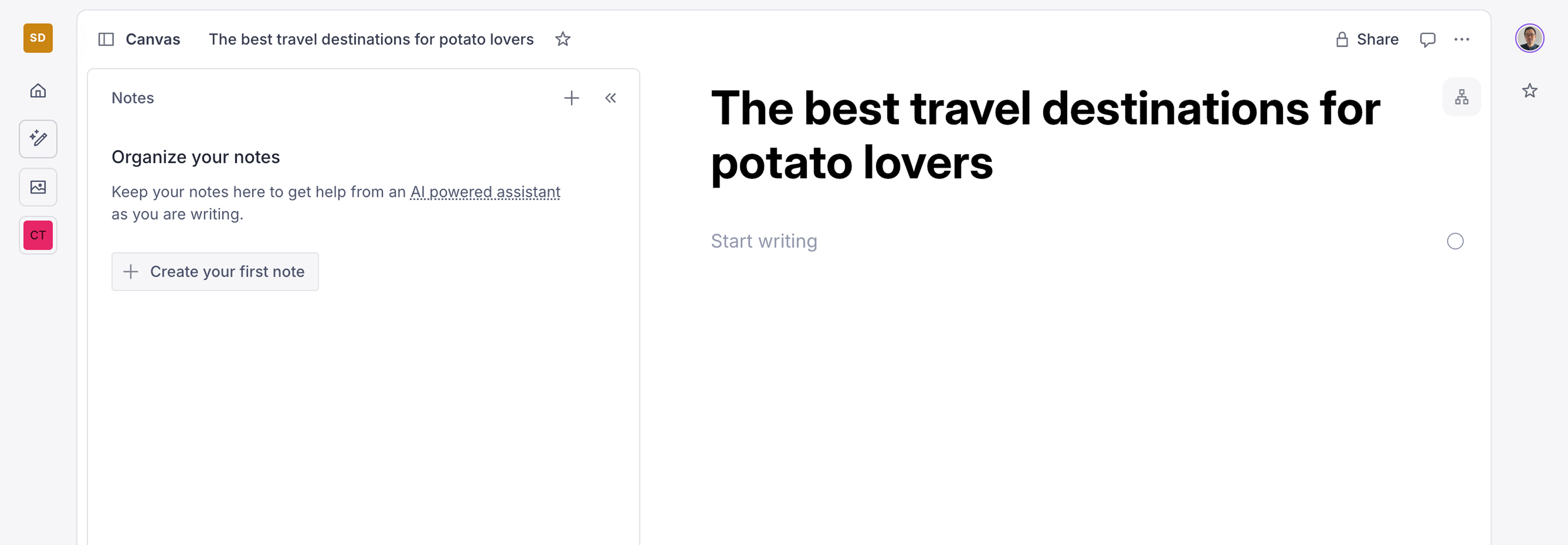 The Canvas interface with the Notes panel open