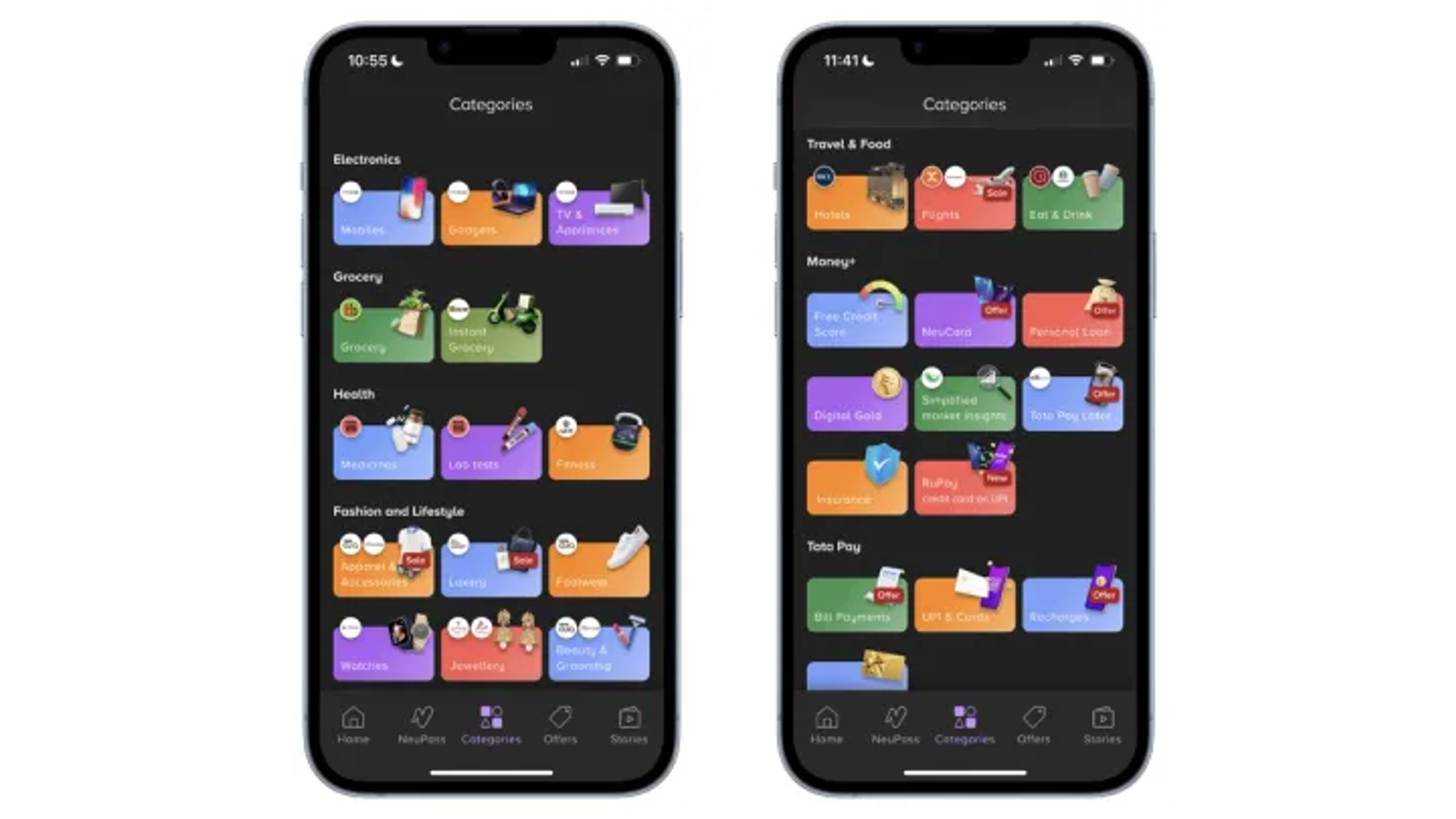 Product categories on Tata Neu app