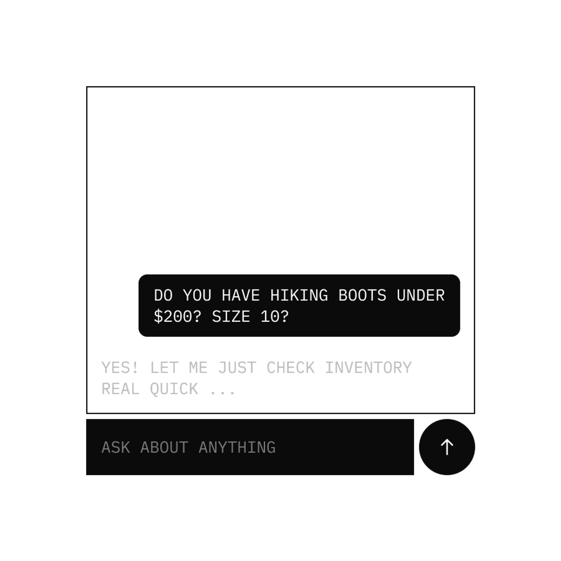 A chat interface where a user asks about hiking boots under $200, size 10, and a shopping assistant replies.