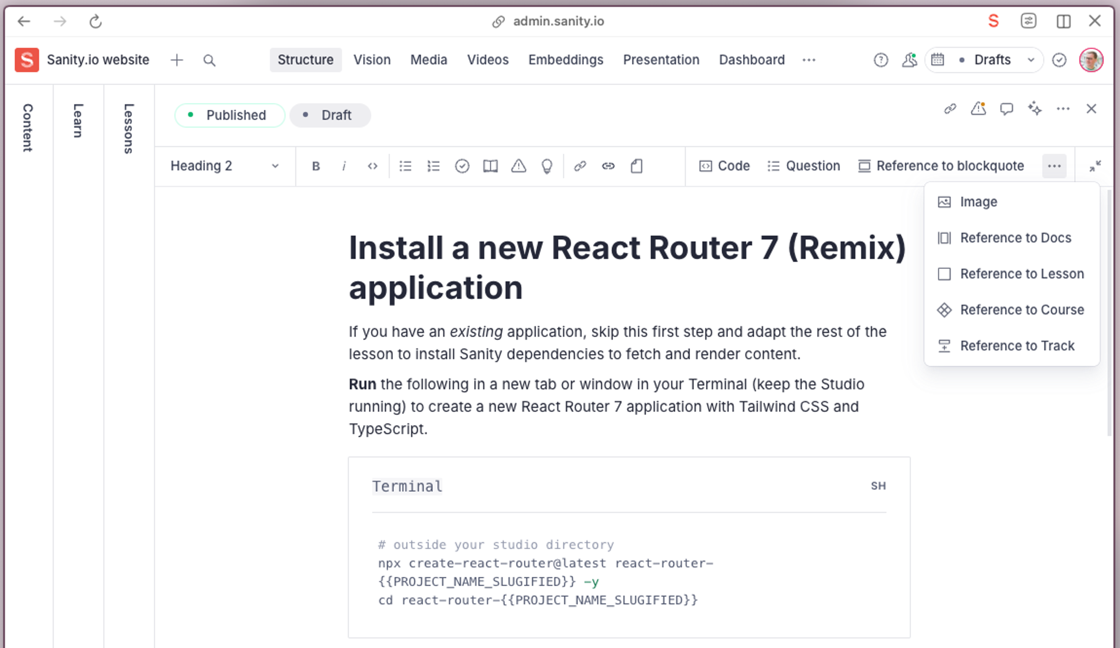 Screenshot of the Sanity Studio lesson editor displaying a tutorial on installing a new React Router 7 (Remix) application. The editor interface shows formatting options, a code block with terminal commands, and a dropdown menu for adding references or images.