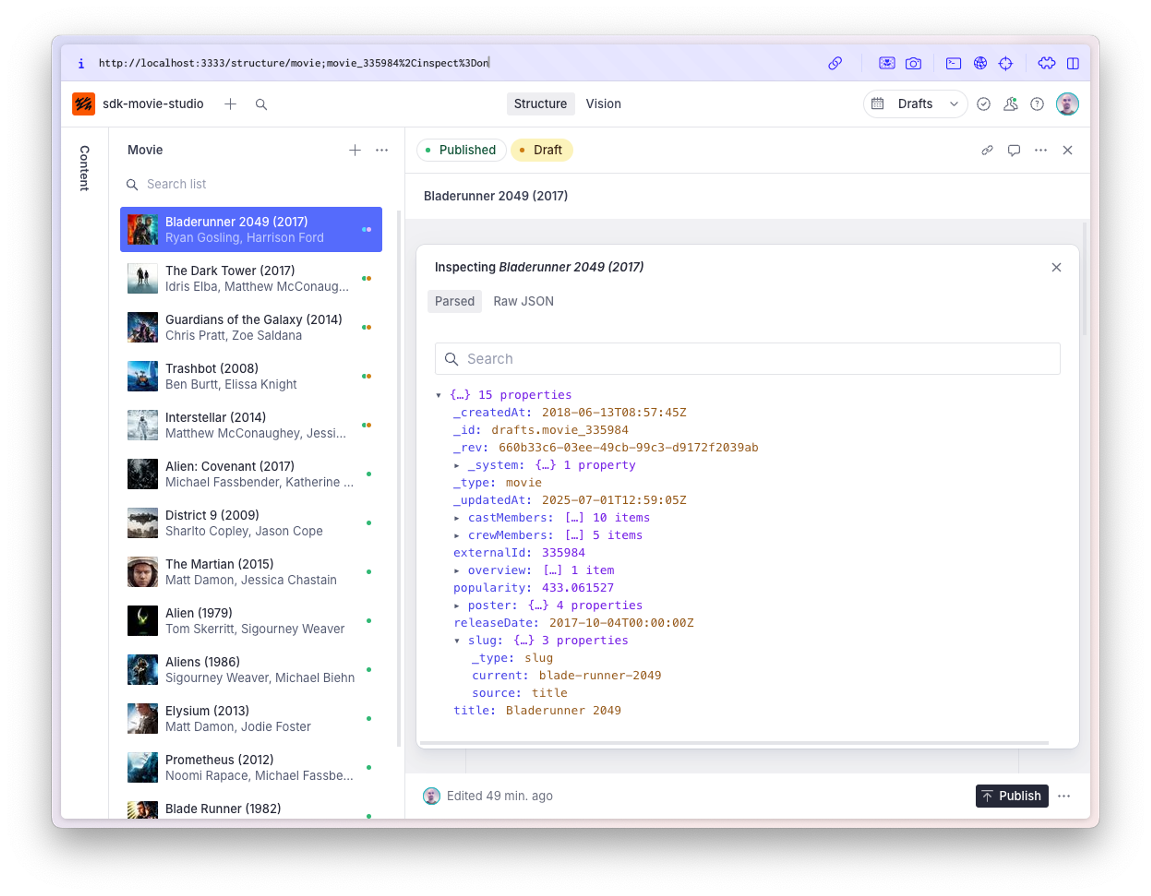 Shows a studio editor with the document inspection popover open