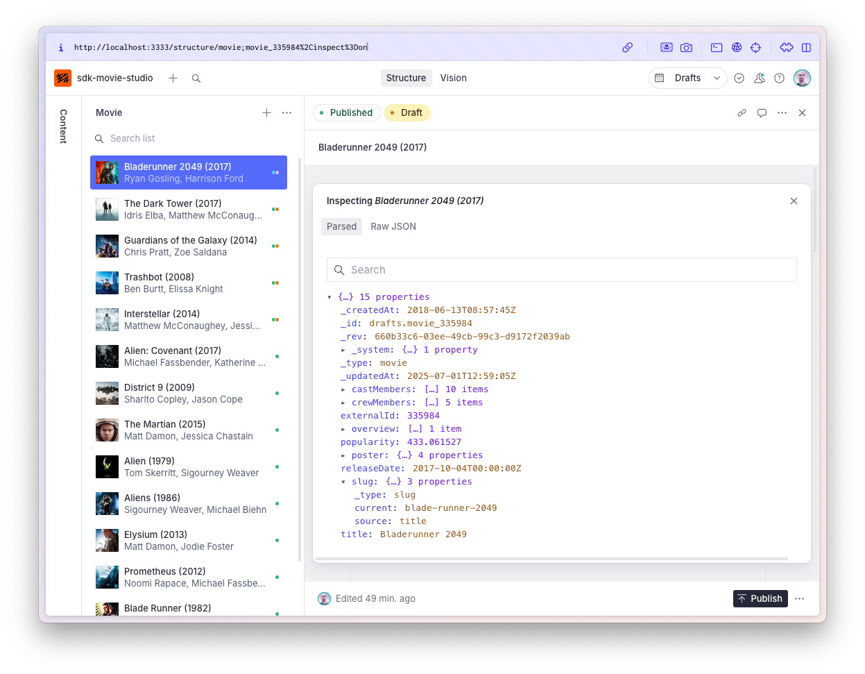 Shows a studio editor with the document inspection popover open