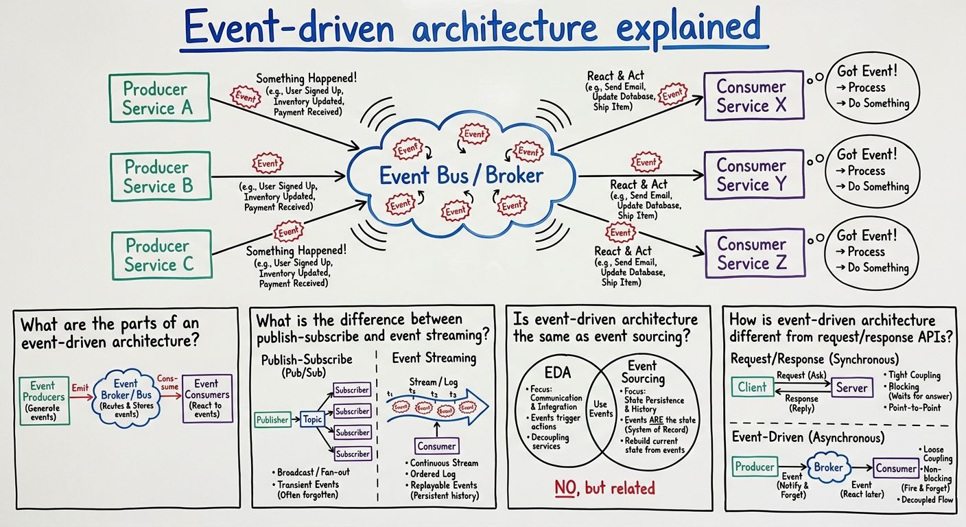 A diagram explaining Event-driven architecture in terms of related concepts.