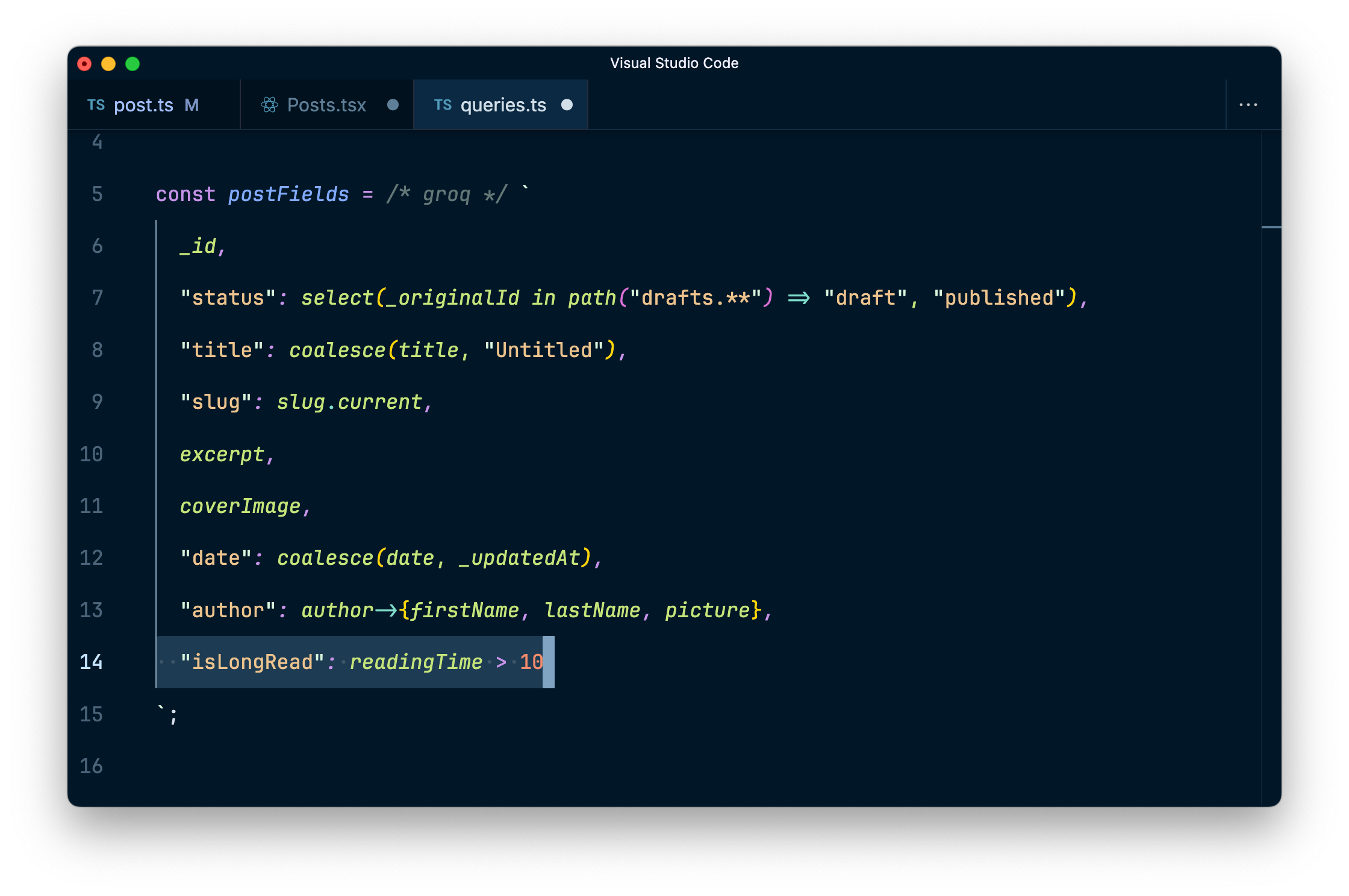 Code highlighting a new line in a GROQ query
