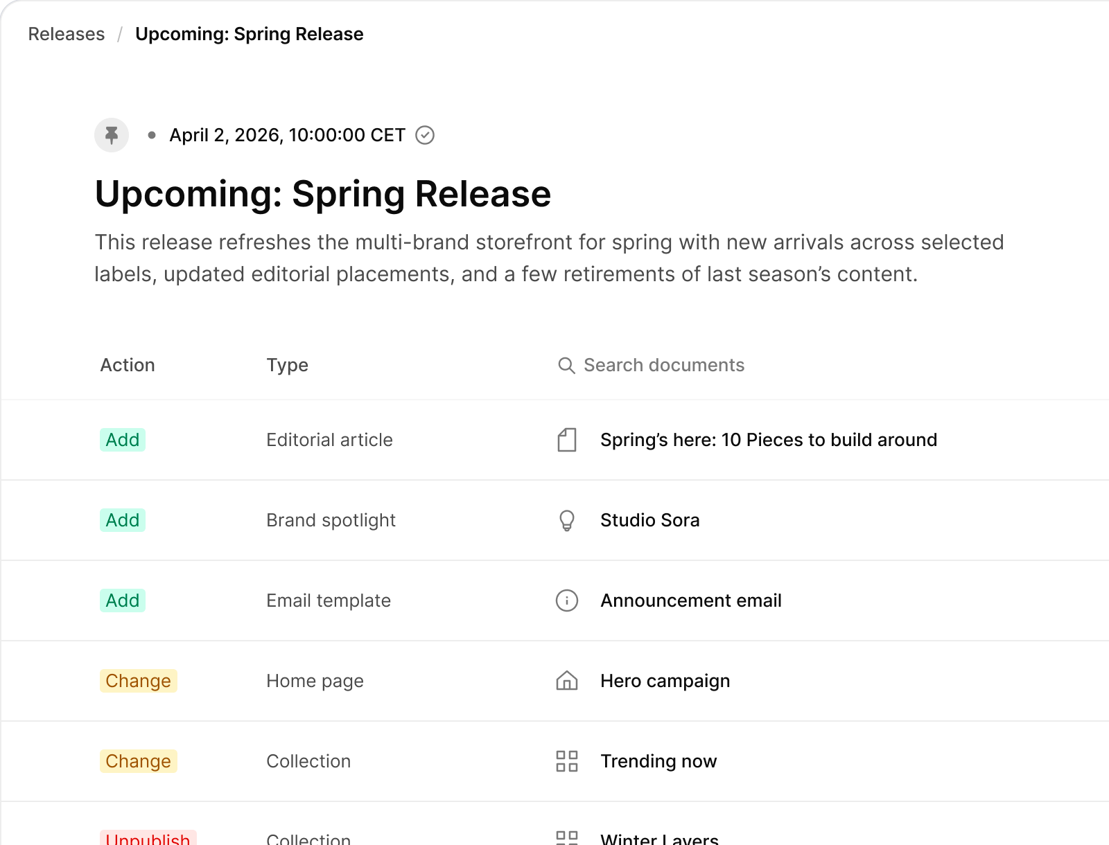 A content management interface showing an "Upcoming: Spring Release" with actions like Add, Change, and Unpublish for various content types.