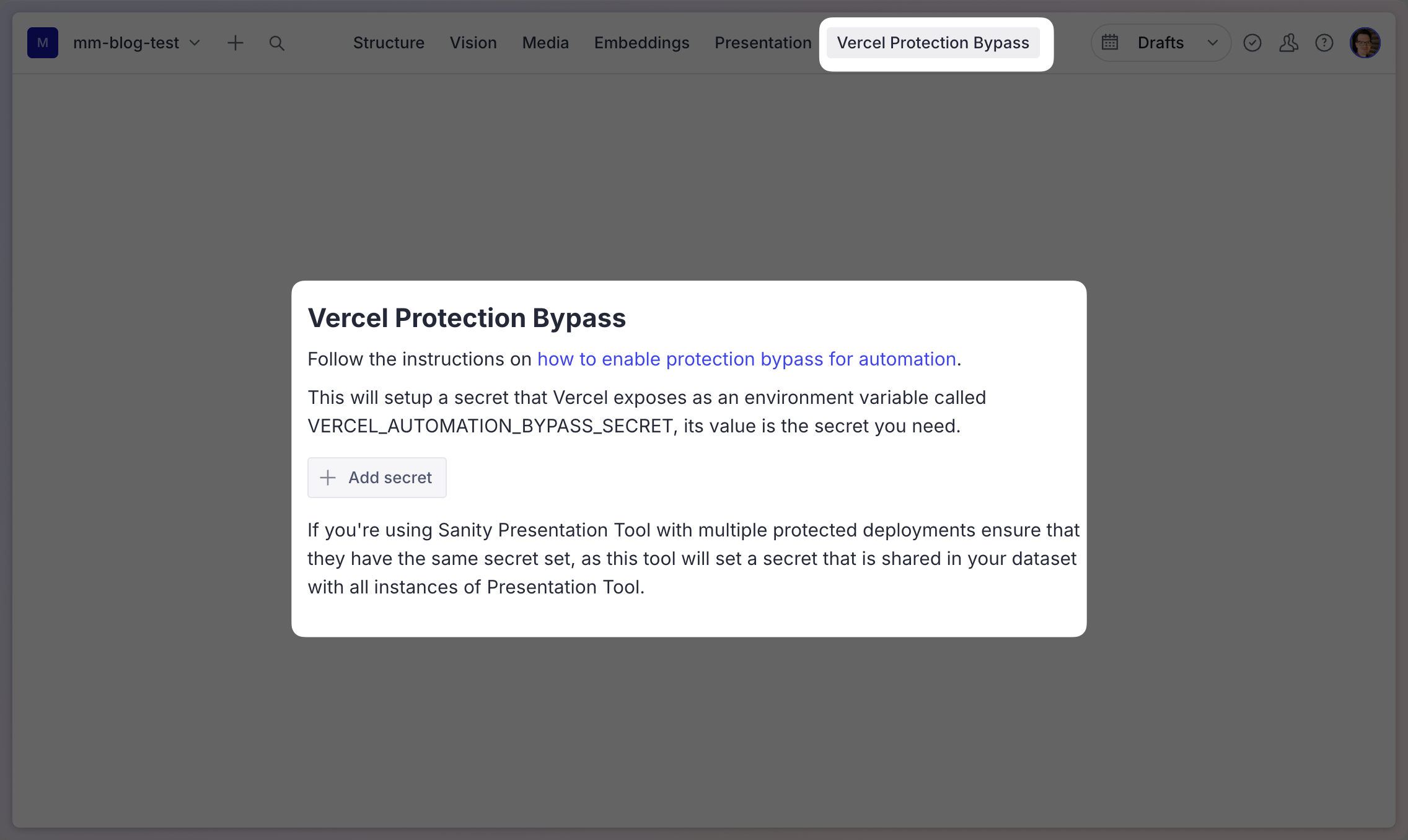 A modal window titled "Vercel Protection Bypass" with instructions on setting up a secret environment variable for automation.