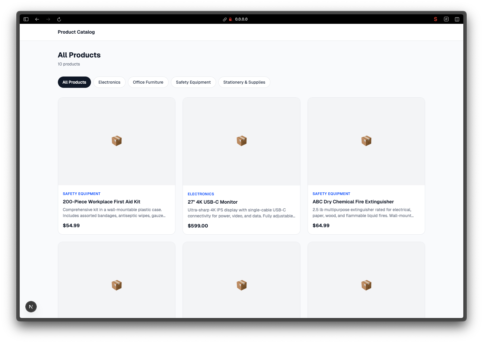 A product catalog web interface displaying a grid of items with placeholder images, titles, descriptions, and prices, organized by categories.