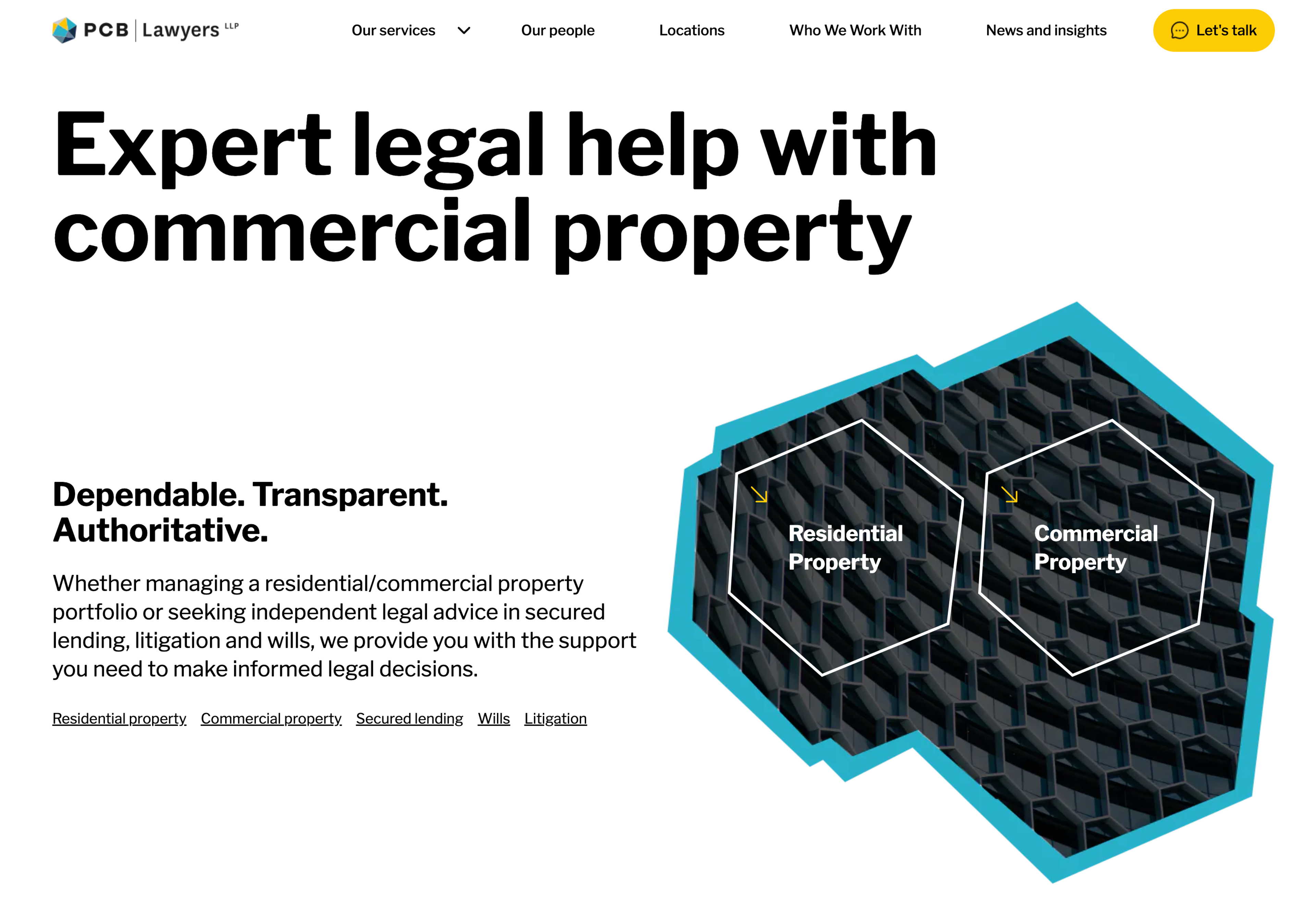 a web page for pcb lawyers that says expert legal help with commercial property
