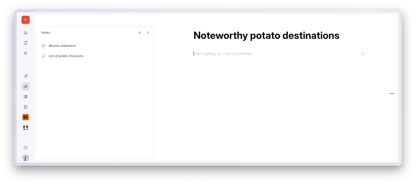 A note-taking app displays a document titled "Top destinations for potato lovers" with an option for AI-assisted note organization.