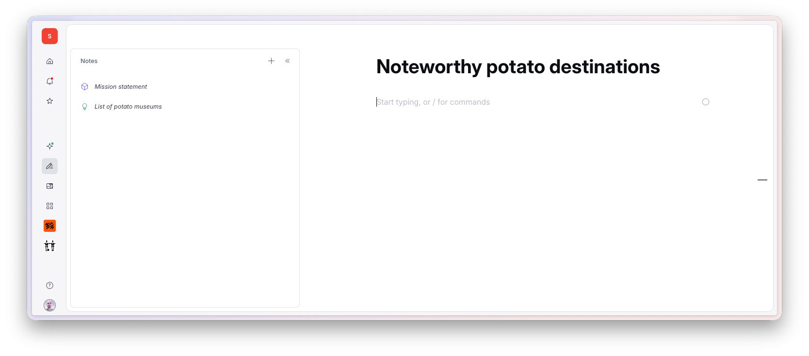 A note-taking app displays a document titled "Top destinations for potato lovers" with an option for AI-assisted note organization.