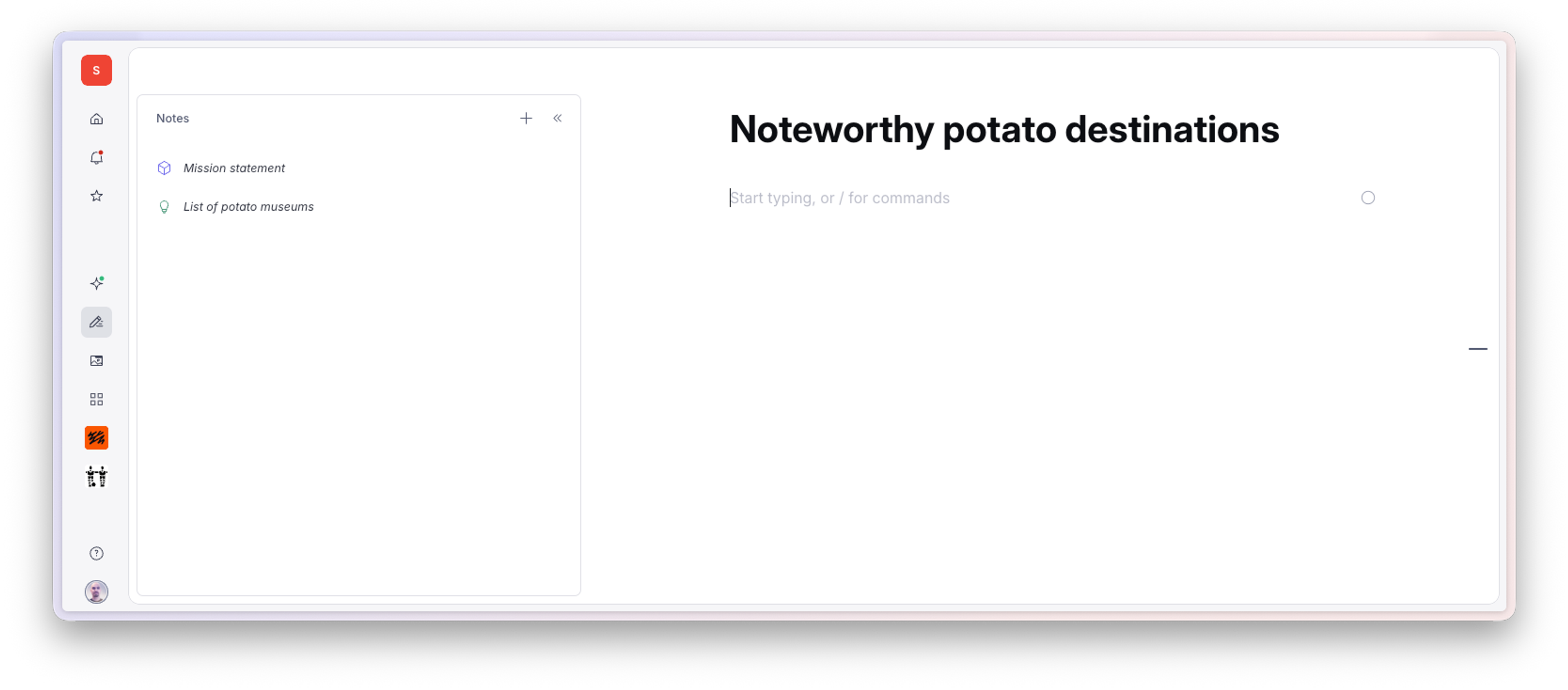 A note-taking app displays a document titled "Top destinations for potato lovers" with an option for AI-assisted note organization.