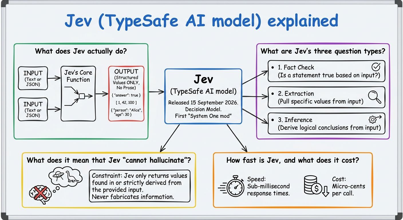 A diagram explaining Jev (TypeSafe AI model) in terms of related concepts.