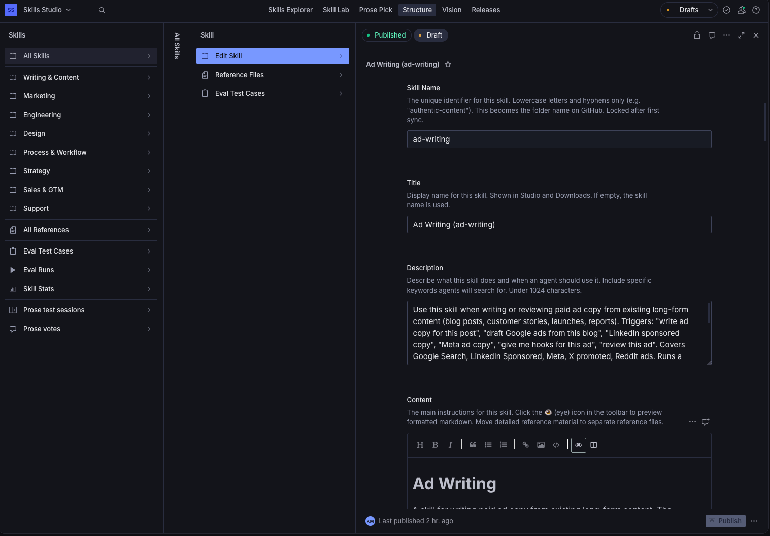 A dark-themed "Skills Studio" application UI showing the "Edit Skill" page for "Ad Writing", with fields for skill name, title, a detailed description, and a content editor.