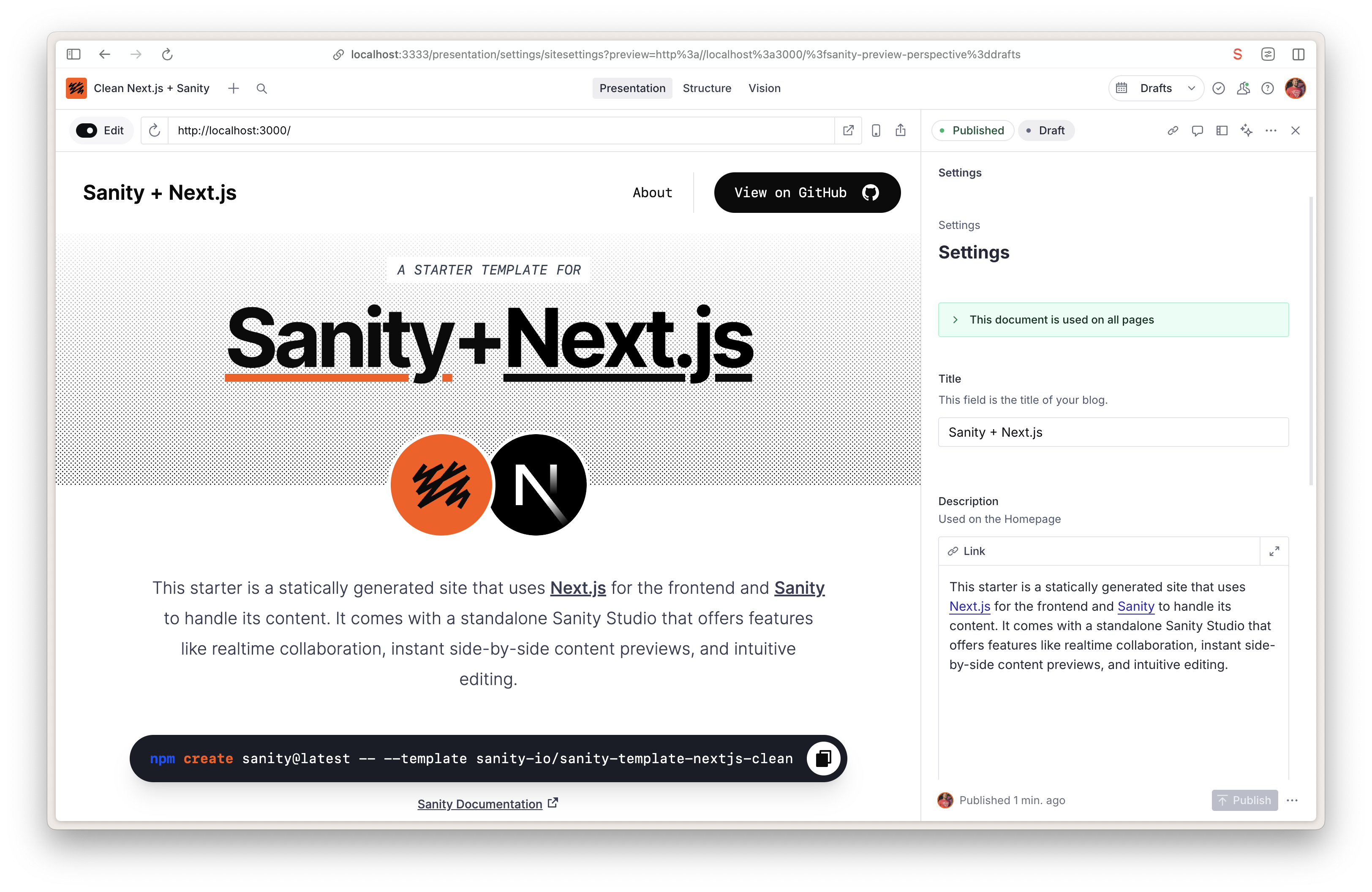 A browser displaying a Sanity + Next.js website preview on the left and its Sanity Studio settings editor on the right.
