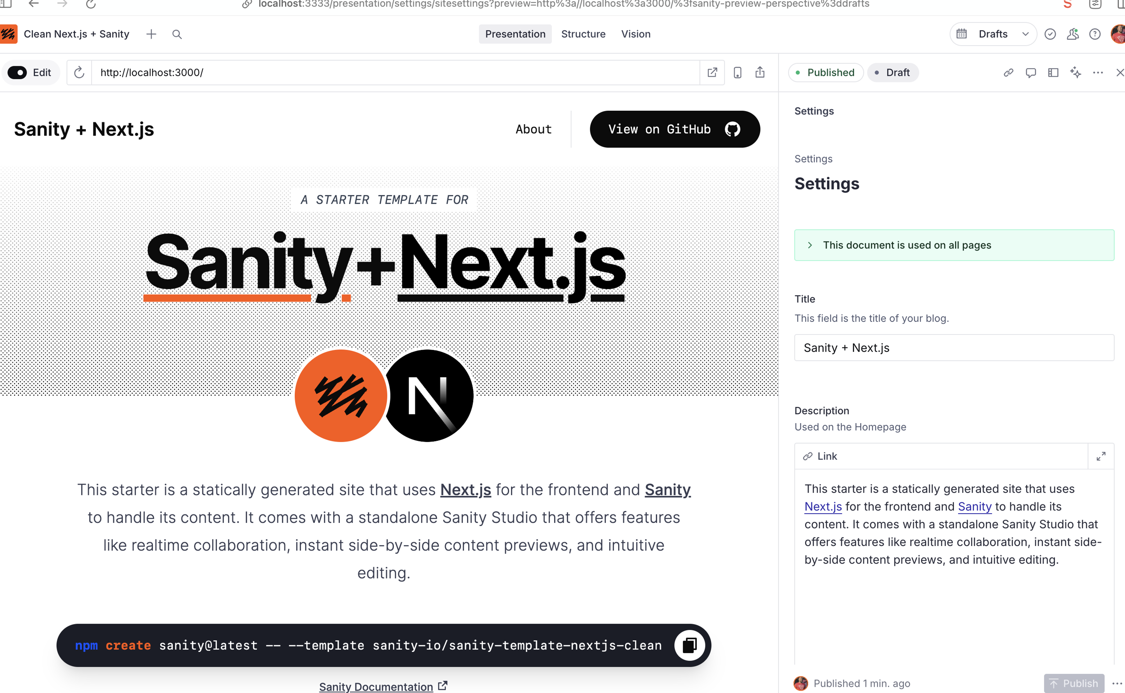 A browser displaying a Sanity + Next.js website preview on the left and its Sanity Studio settings editor on the right.