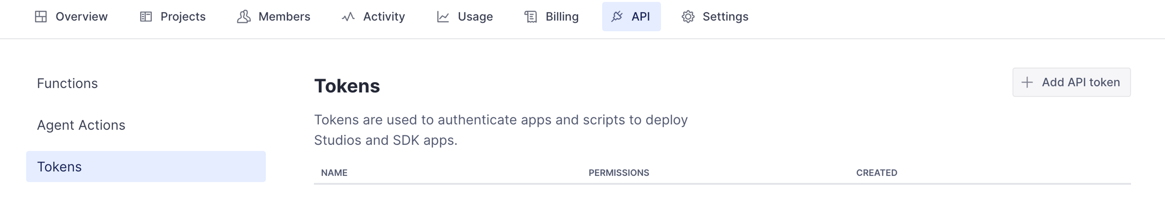 The tokens screen in the organization manage interface