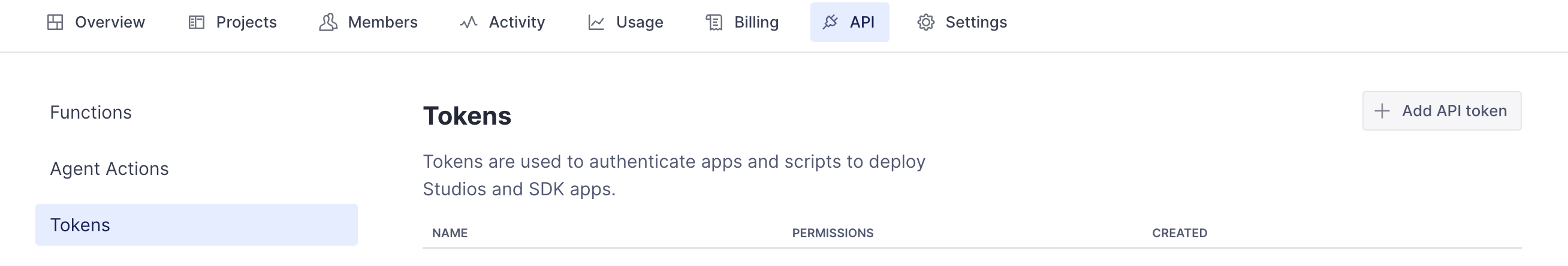 The tokens screen in the organization manage interface