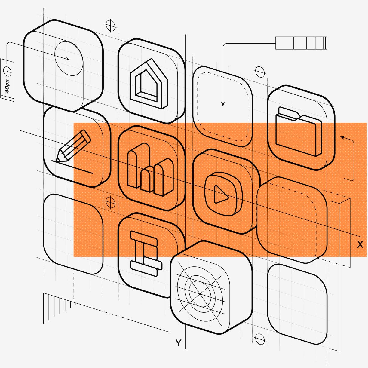 a drawing of a bunch of icons on a white background .