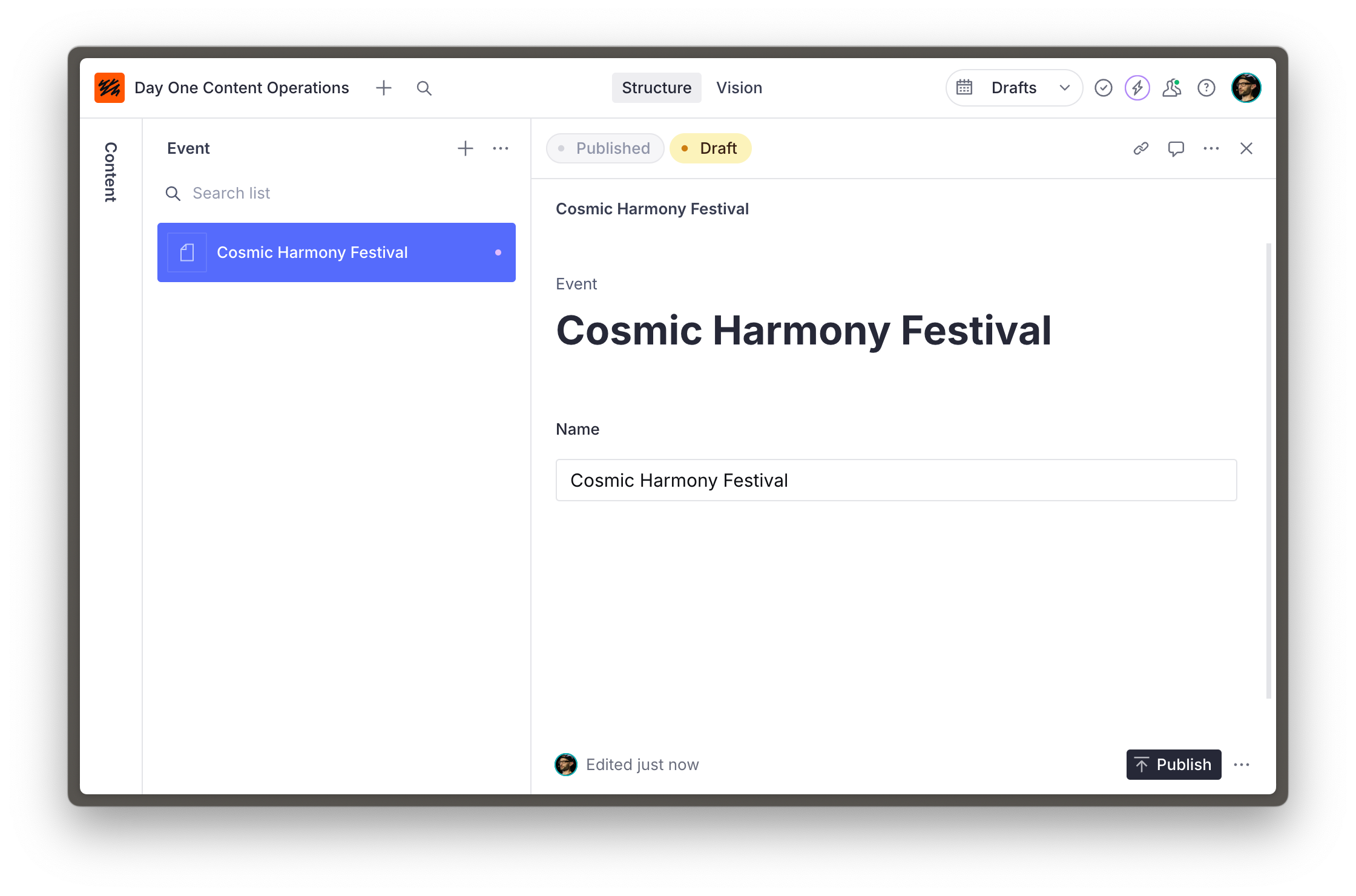 New Sanity Studio event document showing "Cosmic Harmony Festival"