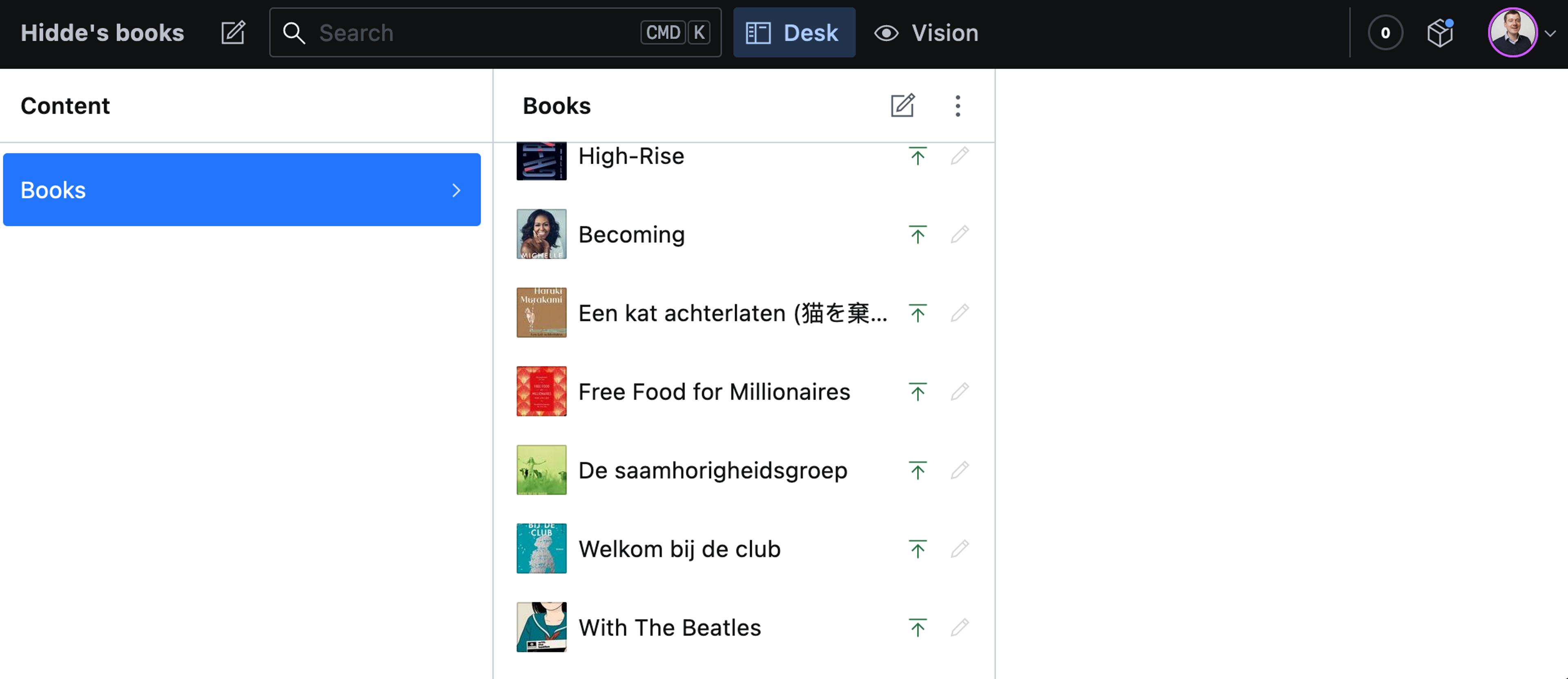 Books studio with Books list item under which a list of books is displayed, a mix of Dutch and English titles with thumbnails