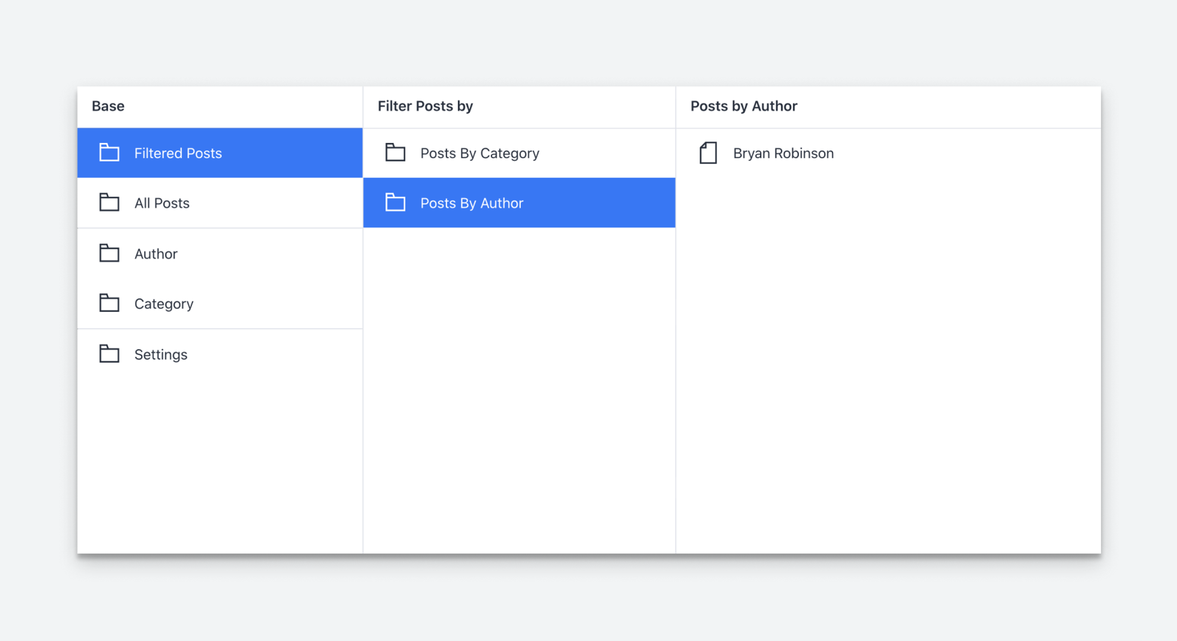 A screenshot illustrating a "Filtered Posts" list that allows an editor to filter by category or author