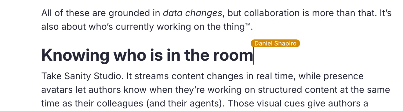 Web page content featuring the headline 'Knowing who is in the room' and a comment bubble with 'Daniel Shapiro'.