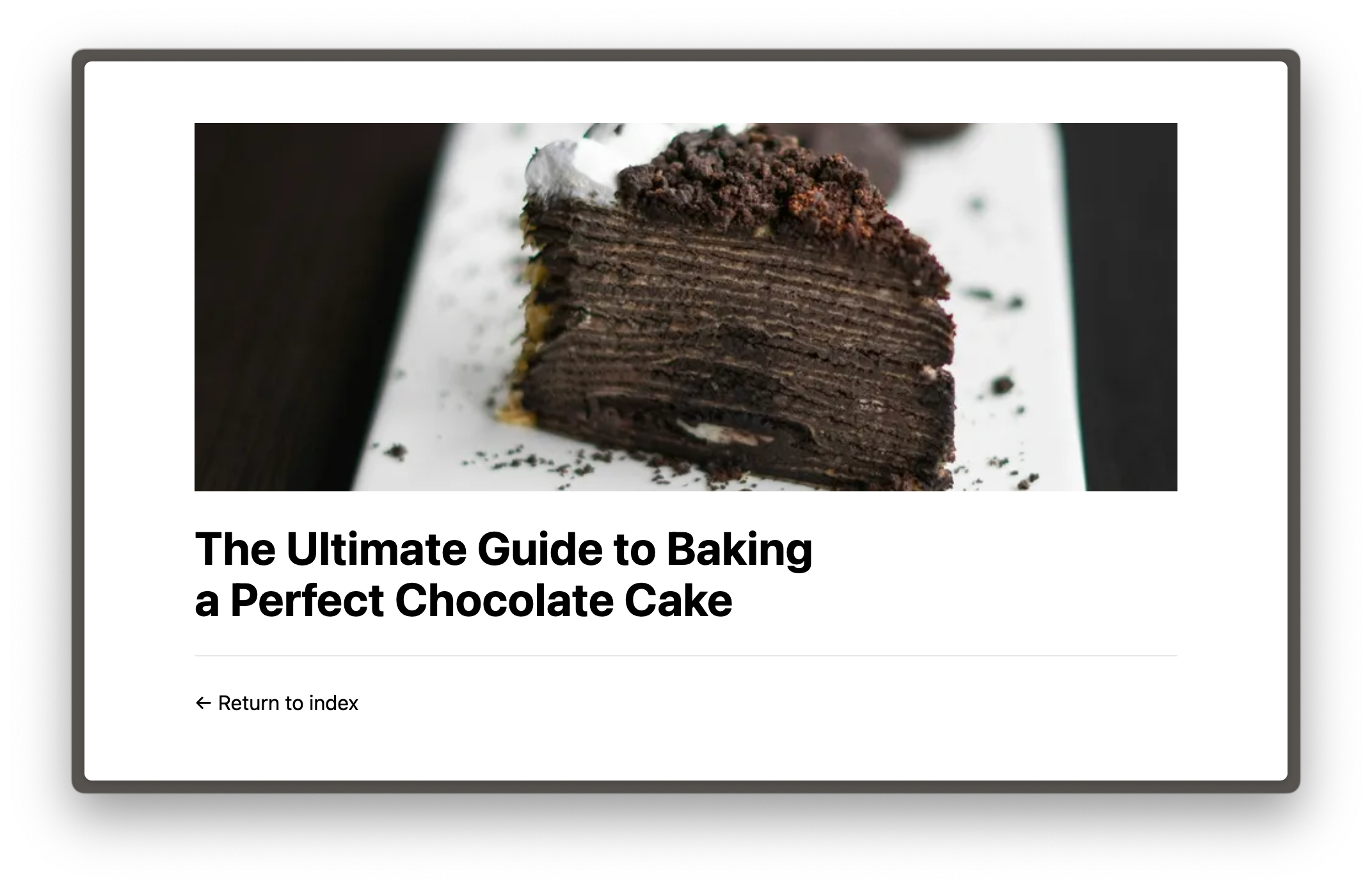 A blog post web page with an image of a cake in focus