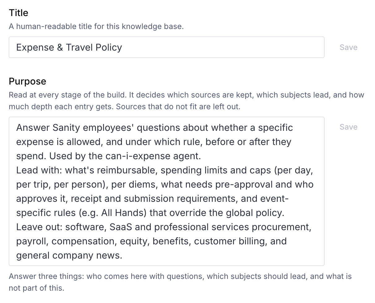 The Expense & Travel Policy Knowledge Base, with its title and a purpose that says what to lead with and what to leave out.