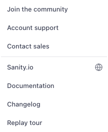 The help and feedback menu, including a link to join the Sanity community.