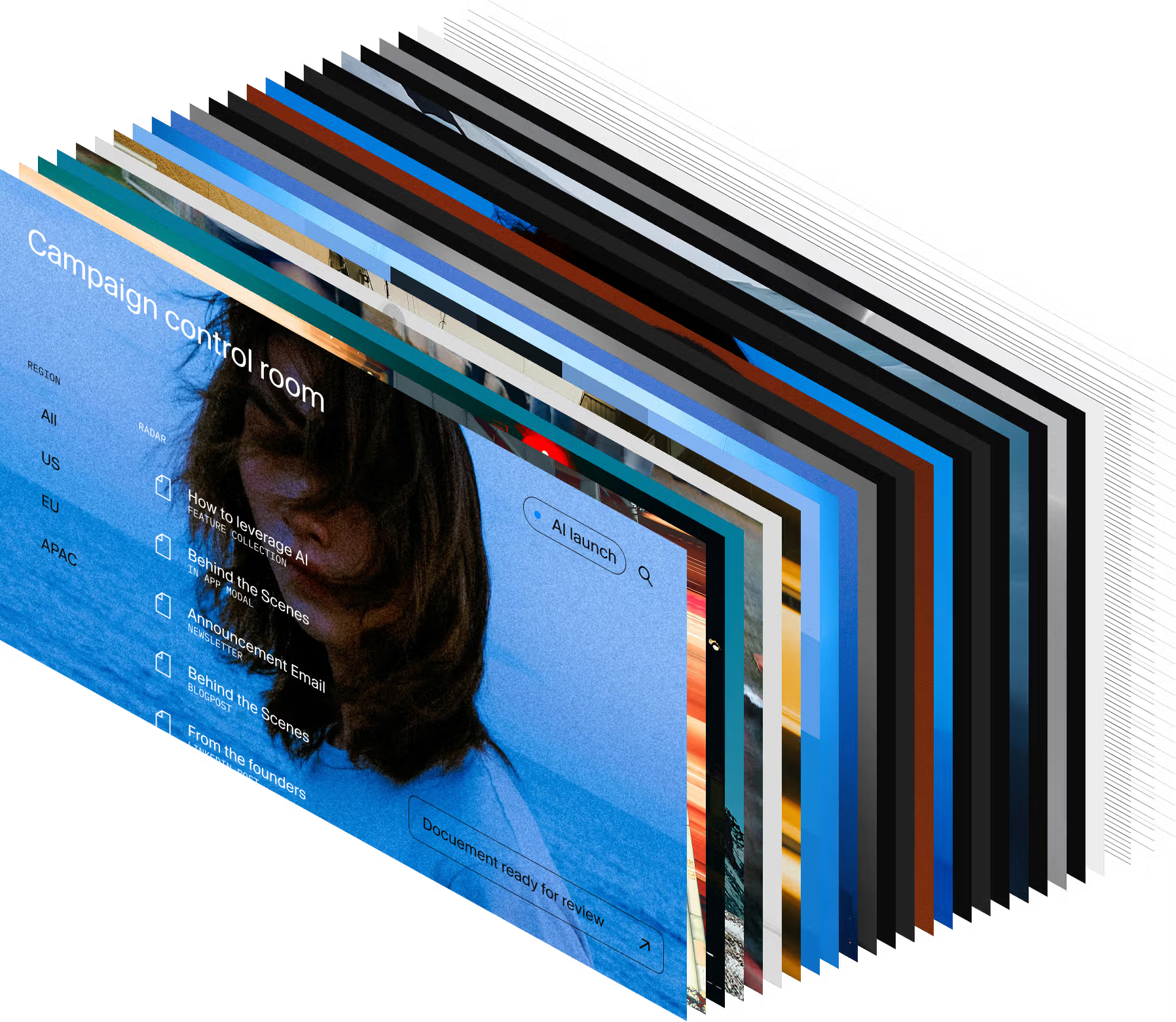 A fanned stack of web pages, the front page titled "Campaign control room" with an "AI launch" search bar.