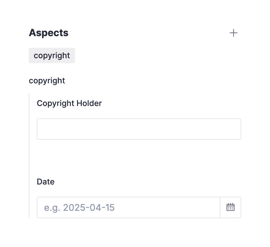 The Aspects panel in Media Library, showing the Copyright aspect with its Copyright Holder and Date fields.