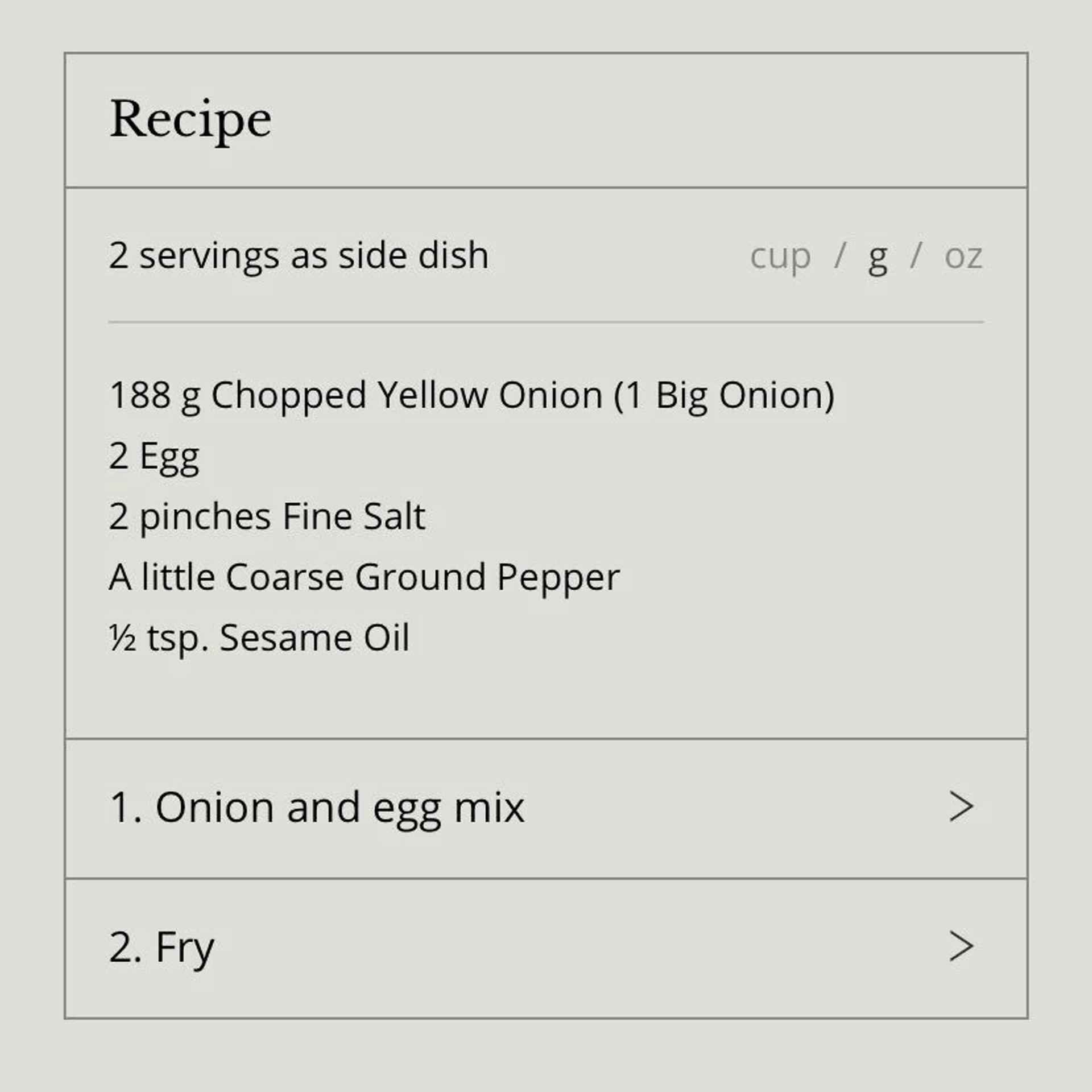 Recipe block for onion and egg mix