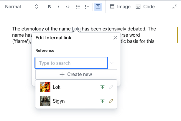 Reference modal for internal link annotation