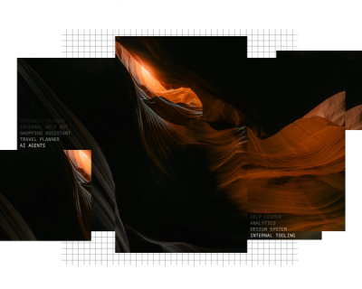Fragmented image of a dark slot canyon with orange light, featuring lists of text including "AI AGENTS" and "INTERNAL TOOLING," against a grid pattern.