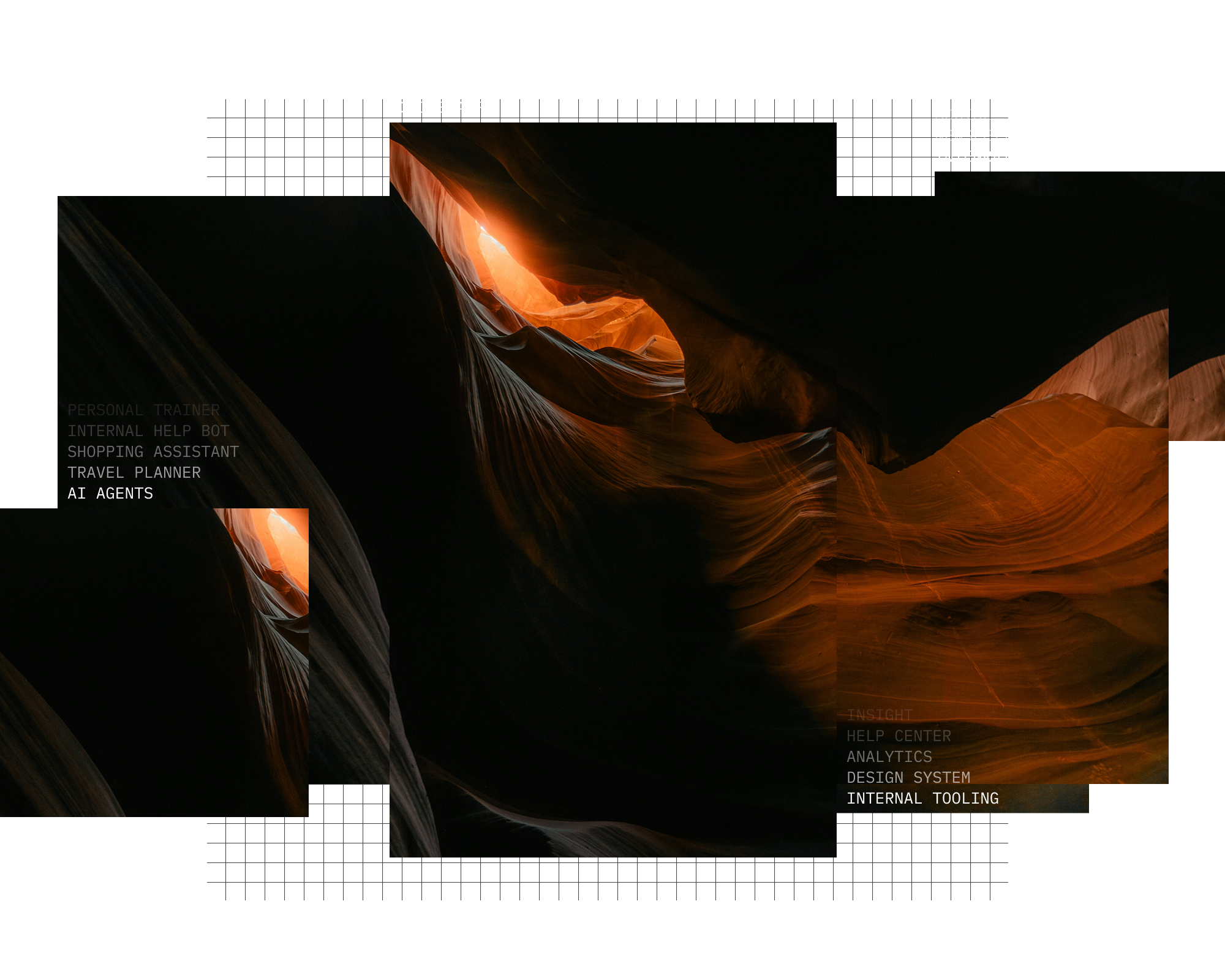 Fragmented image of a dark slot canyon with orange light, featuring lists of text including "AI AGENTS" and "INTERNAL TOOLING," against a grid pattern.