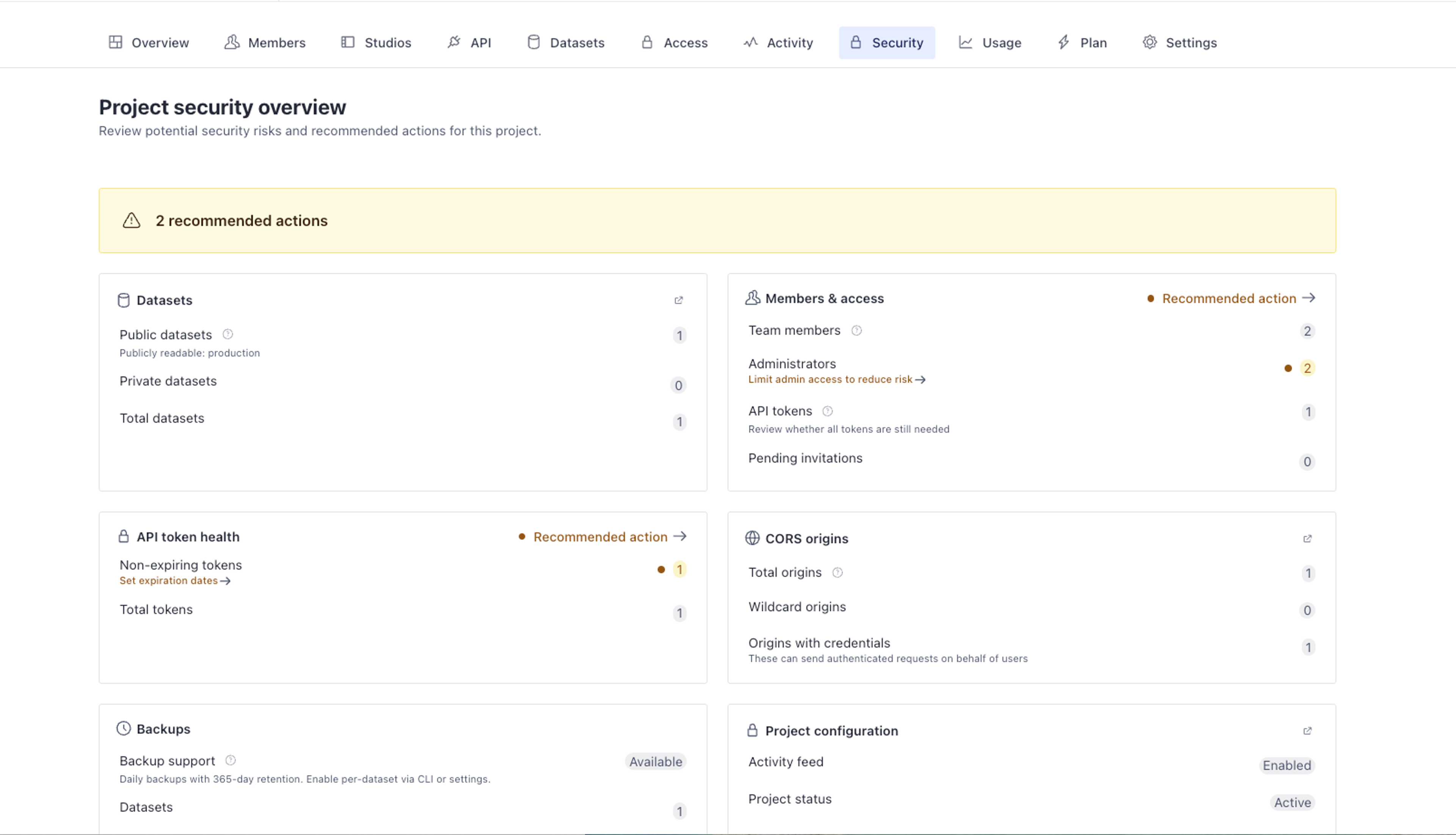 The Security tab in Manage, showing a project security overview with cards for datasets, members and access, API token health, CORS origins, backups, and project configuration.