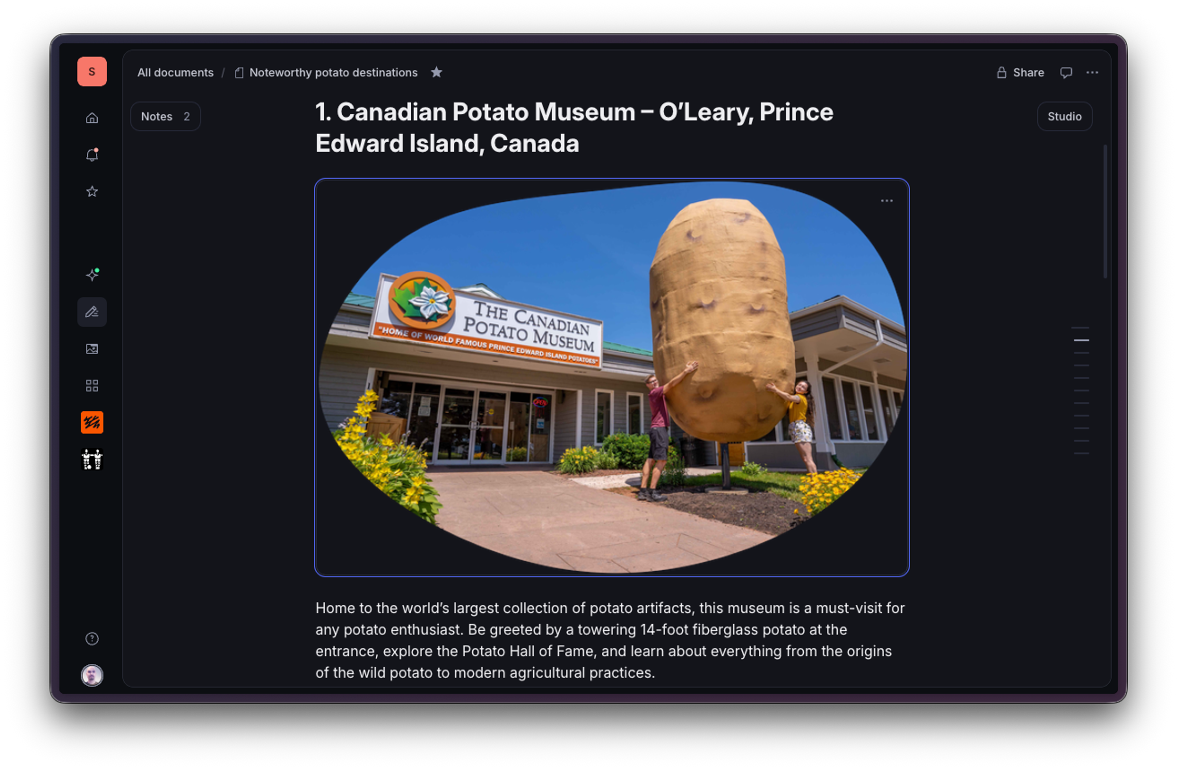 Exterior of the Canadian Potato Museum with a giant potato statue and two people posing.