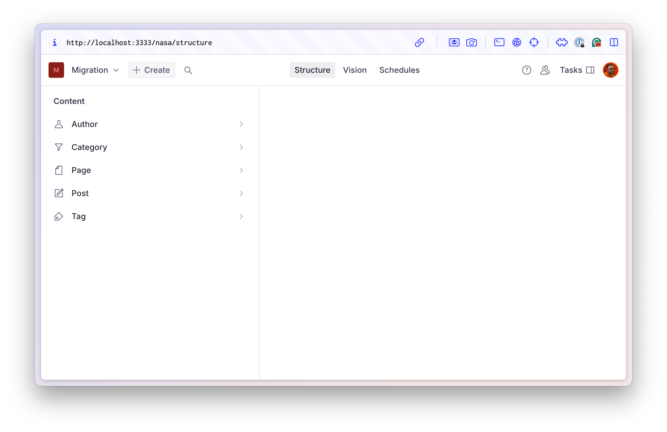 Sanity Studio showing structure with five document types