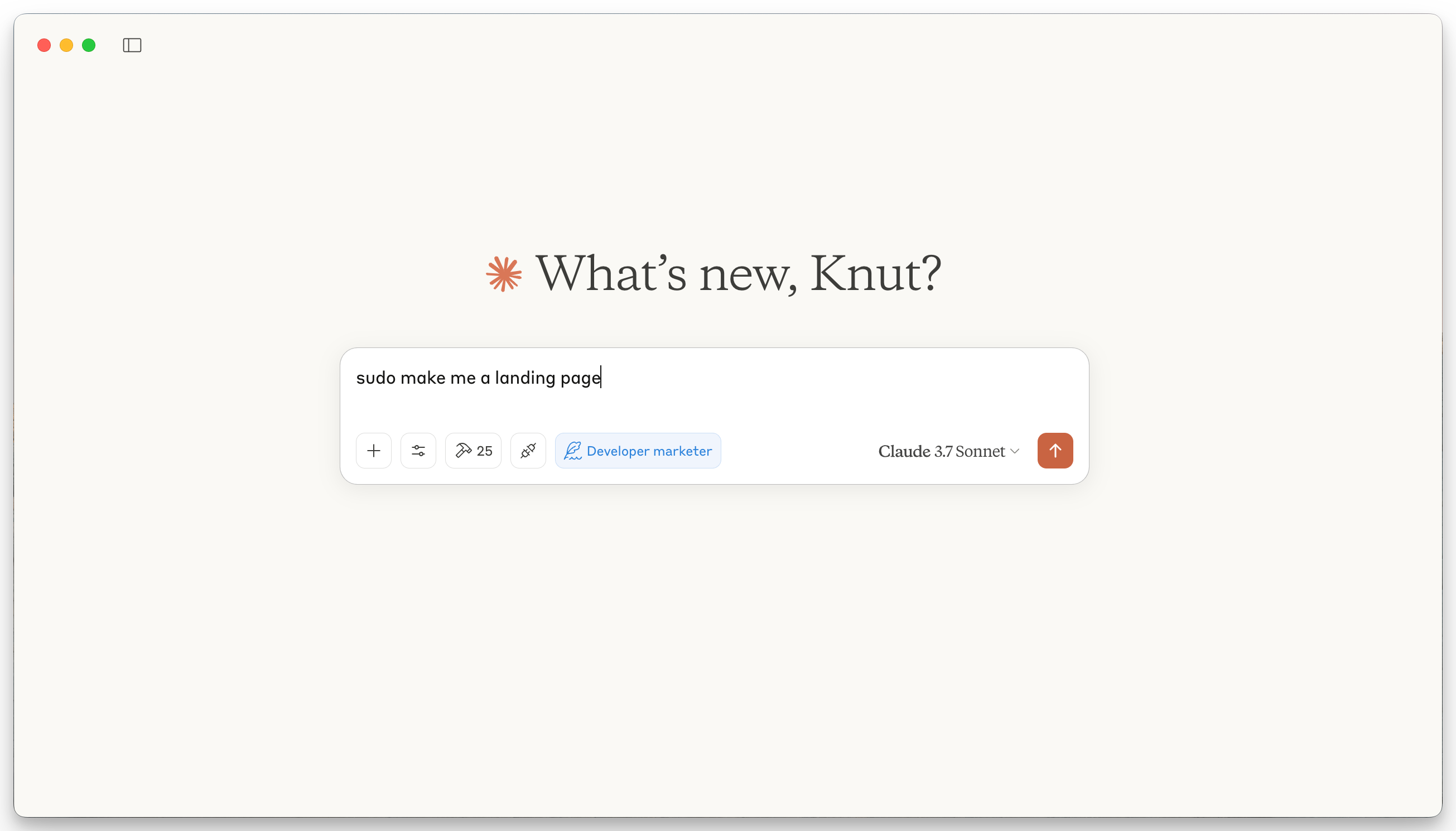 An AI assistant interface in a browser, showing the prompt "sudo make me a landing page" and AI persona/model selections.