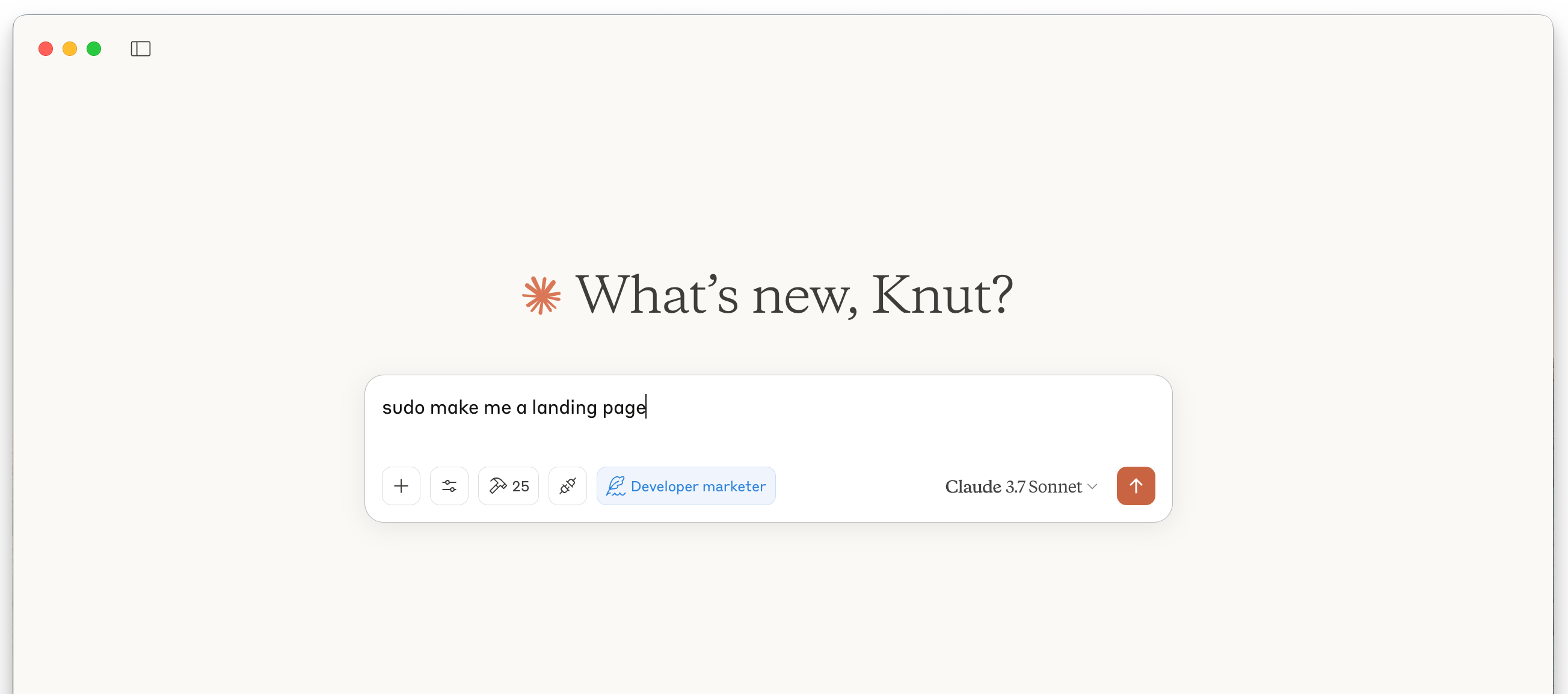 An AI assistant interface in a browser, showing the prompt "sudo make me a landing page" and AI persona/model selections.