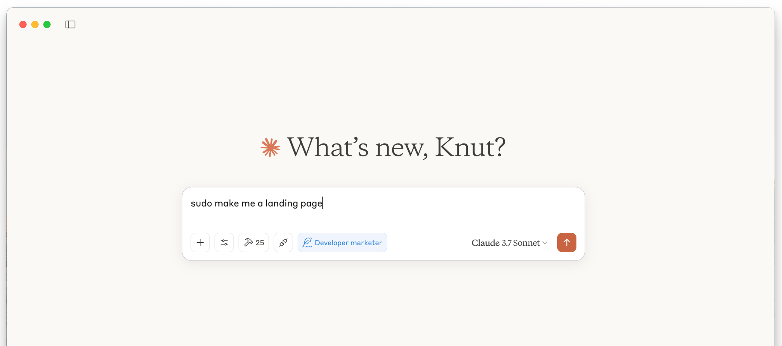 An AI assistant interface in a browser, showing the prompt "sudo make me a landing page" and AI persona/model selections.