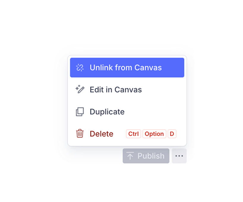 The document context menu showing how to unlink a document from Canvas
