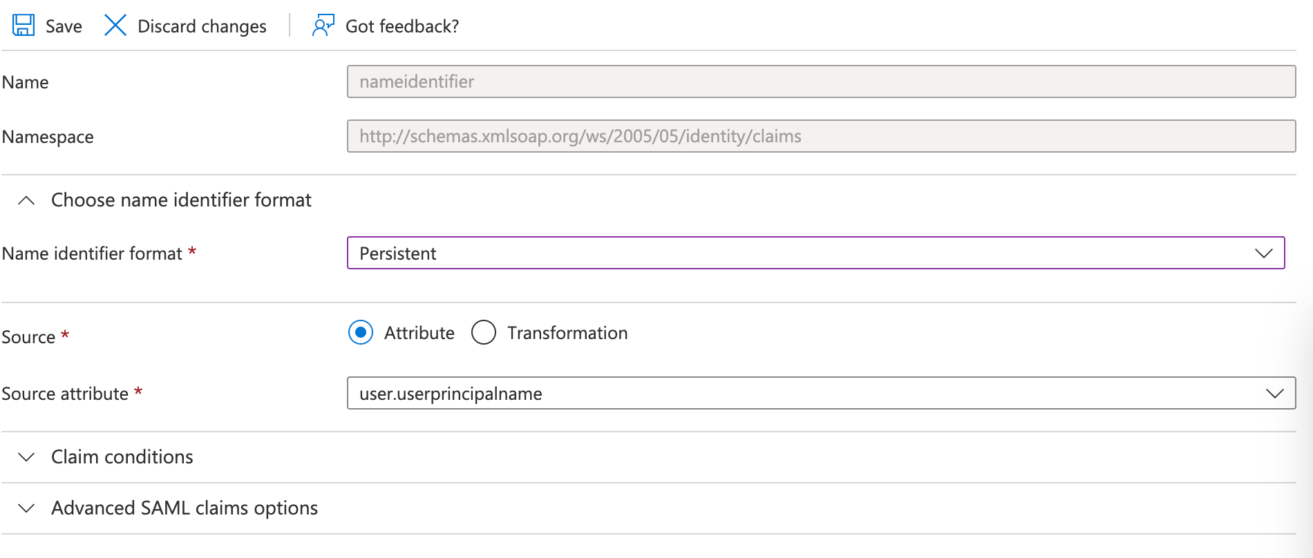 Change the Name identifier format to Persistent.