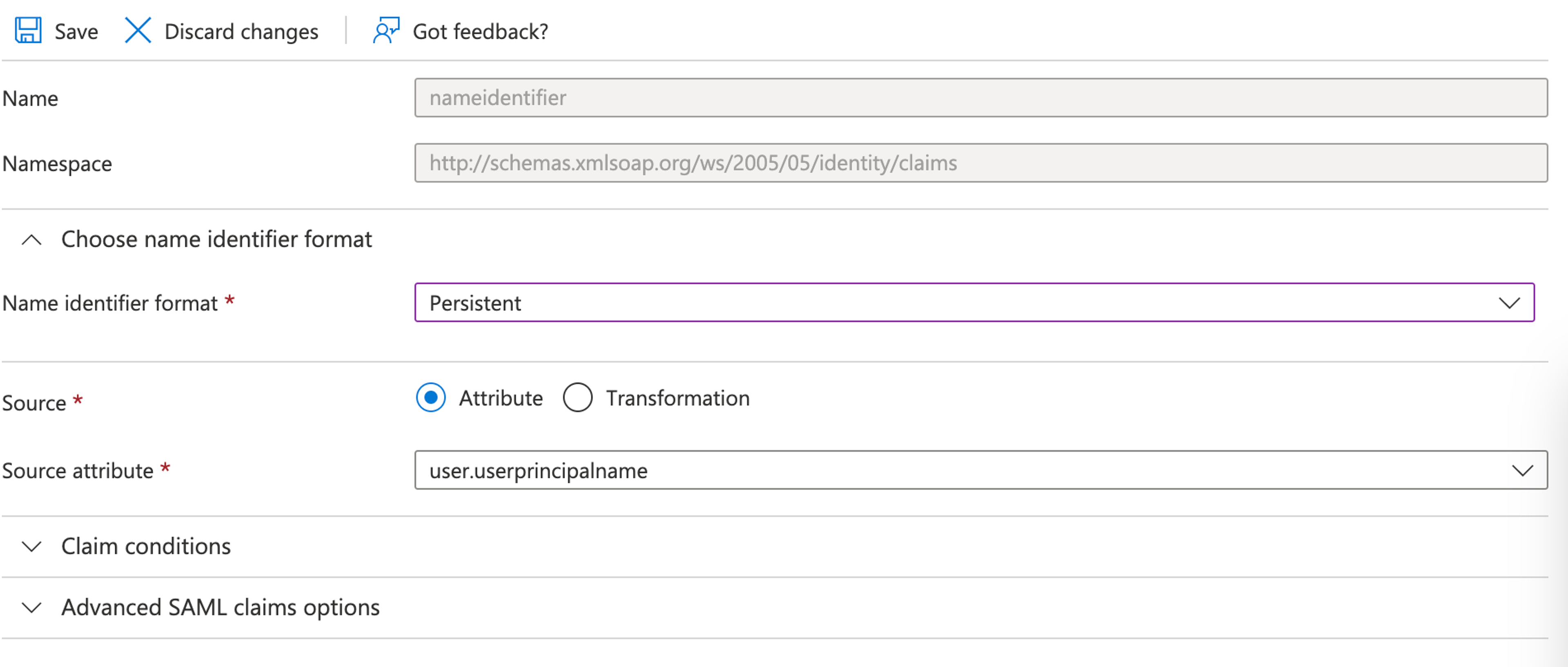 Change the Name identifier format to Persistent.