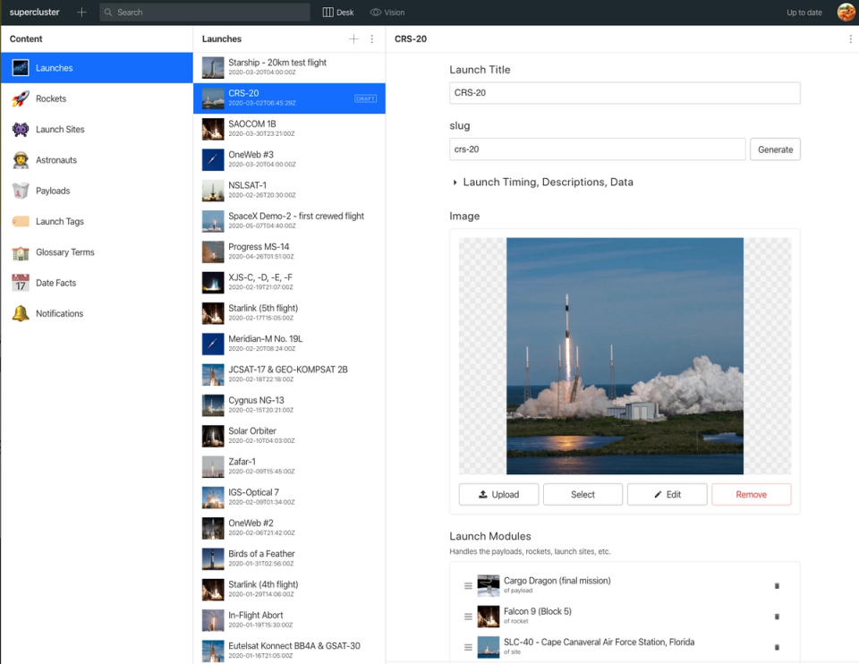 The Supercluster Launches Studio showing launches with a photo of a rocket launch