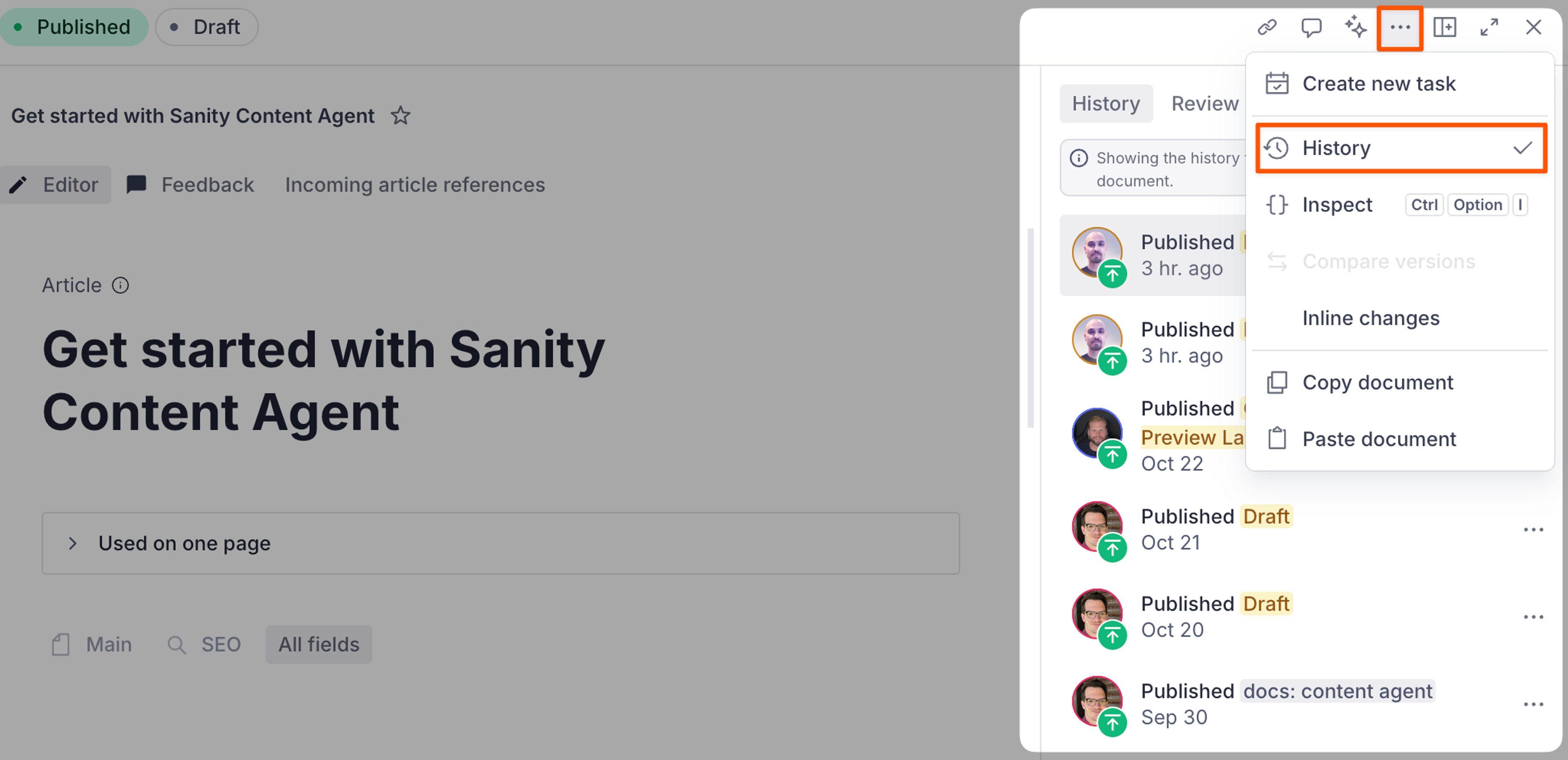 Studio document history panel