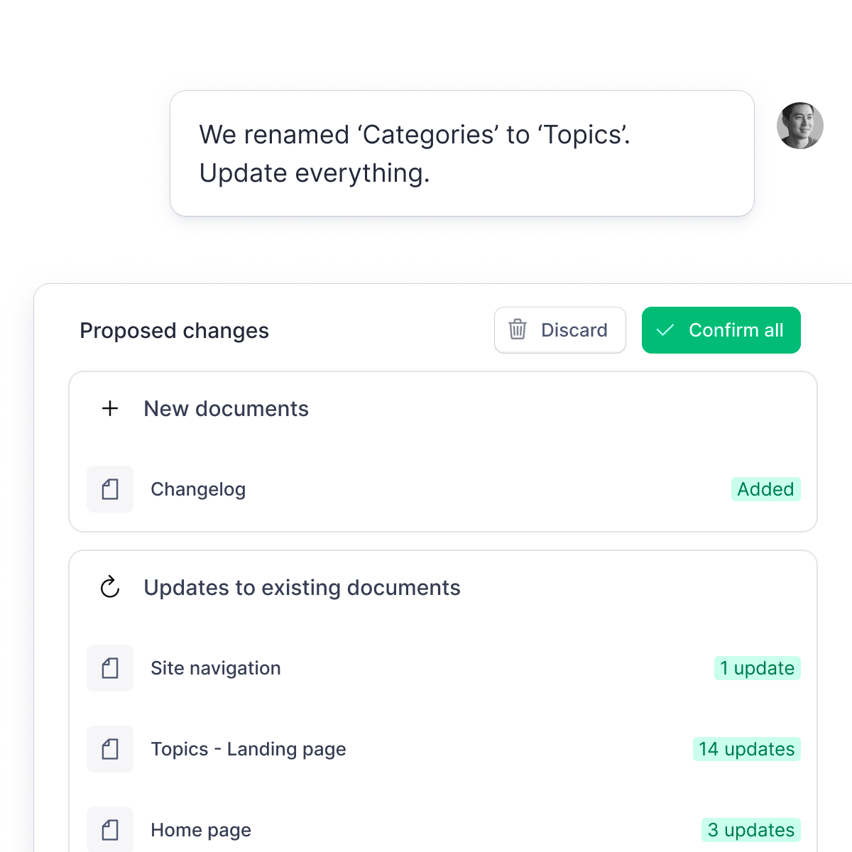 A UI displays proposed document changes, including a new 'Changelog' document and updates to pages like 'Topics - Landing page', all stemming from renaming 'Categories' to 'Topics'.