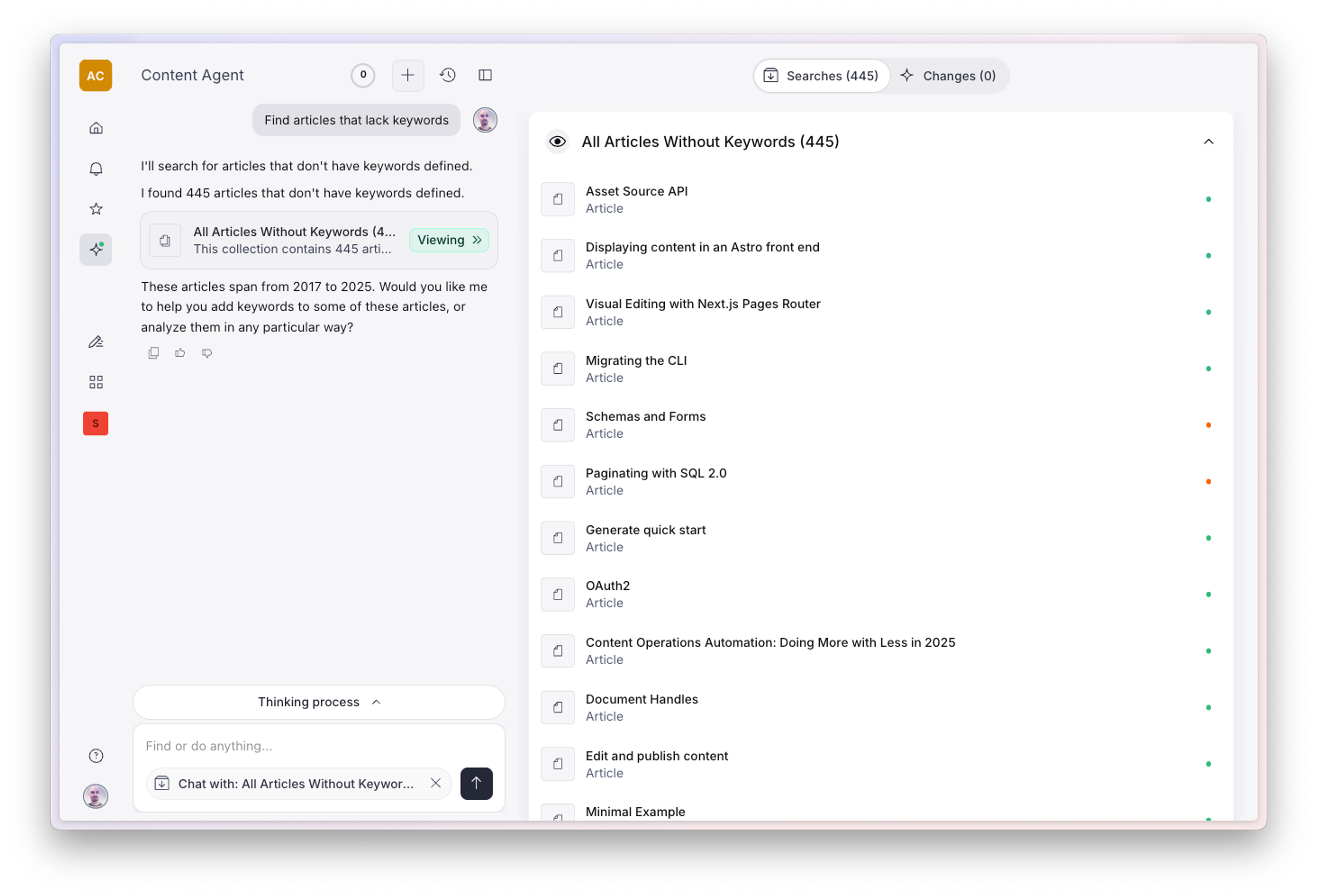 Content Agent AI interface showing 445 articles lacking keywords, with a chat suggesting to add them and a list of article titles.