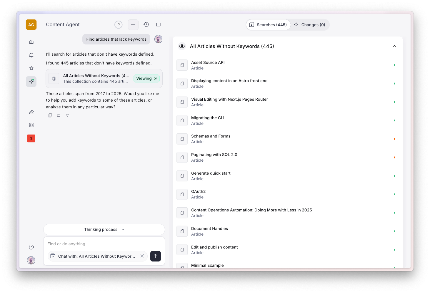Content Agent AI interface showing 445 articles lacking keywords, with a chat suggesting to add them and a list of article titles.